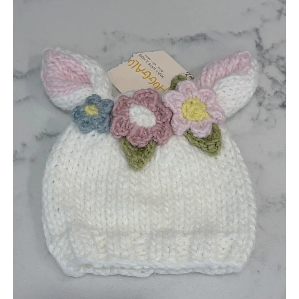 Huggalugs Flower Bunny Beanie White Multi Knit Hat Newborn XS 1186XS